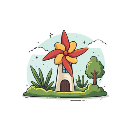 Illustration of a cute cartoon windmill surrounded by green plants and trees, set against a bright sky backdrop.のイラスト素材