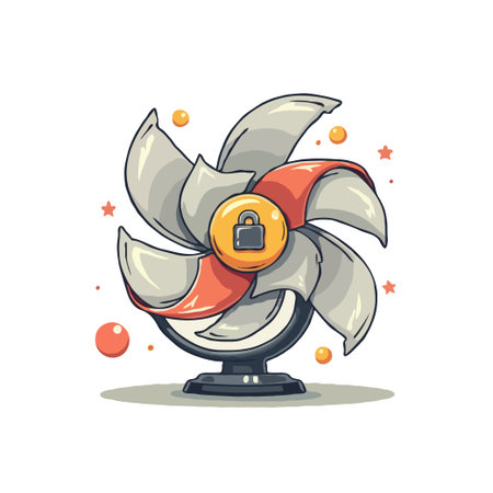 Whimsical illustration of a pinwheel with a lock icon at its center, surrounded by floating orbs and stars, isolated on white.のイラスト素材