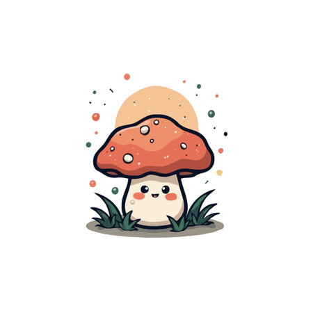 Adorable cartoon mushroom character with a happy face, set against a soft background. Perfect for children's illustrations.のイラスト素材