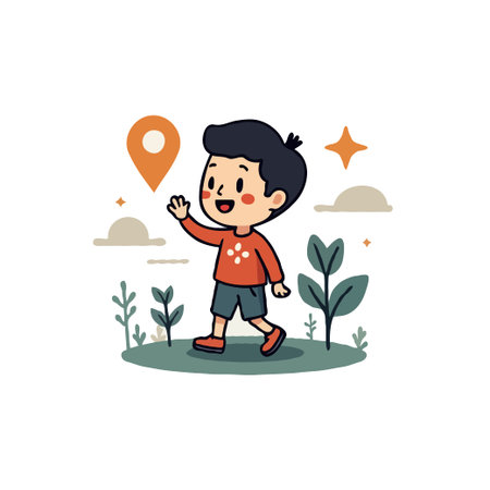 Cheerful cartoon boy walking in nature with a location pin. Illustration of a child exploring outdoors, vector design.のイラスト素材