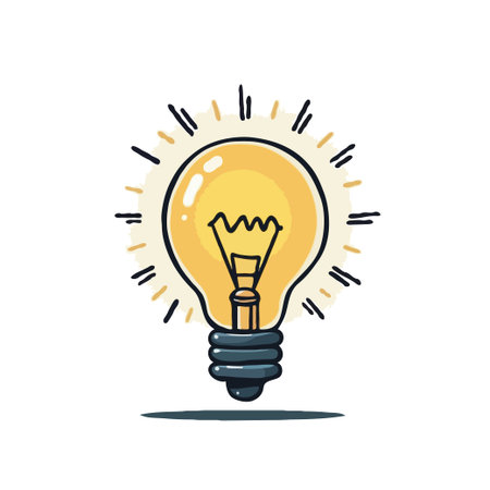 Whimsical cartoon illustration of a glowing lightbulb, symbolizing innovation, ideas, and creative thinking on a white background.のイラスト素材