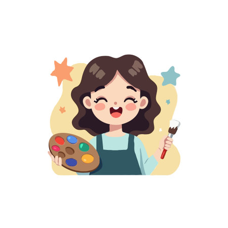 Cheerful young woman artist holding a palette and paintbrush, smiling happily. Vector illustration in cartoon style.のイラスト素材