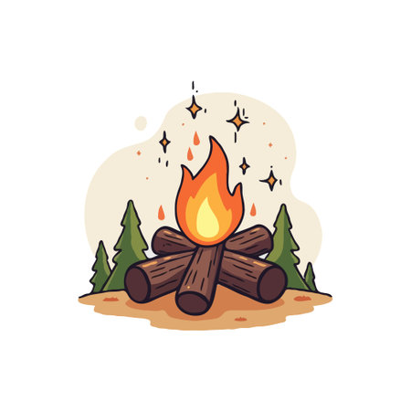 Illustration of a campfire with logs, flames, and sparks, set against a backdrop of green trees and a beige sky.のイラスト素材