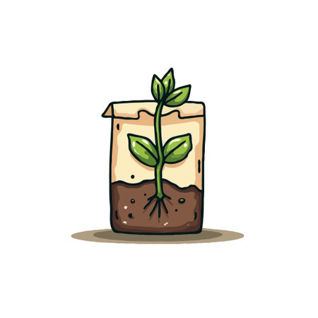 Cute cartoon illustration of a sprout growing in a paper bag with soil. Concept of growth and new life.のイラスト素材