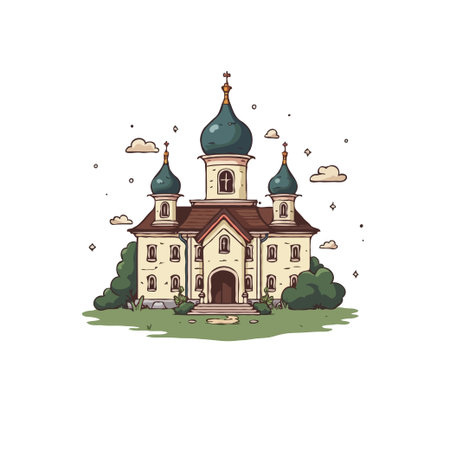 Illustration of a charming cartoon church with domes, nestled on a green hill under a bright sky.のイラスト素材