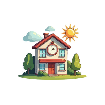 Whimsical cartoon illustration of a schoolhouse with a clock, surrounded by trees under a bright sun, perfect for educational themes.のイラスト素材