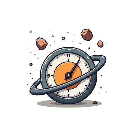 Whimsical illustration of a clock resembling Saturn, floating in space amidst asteroids and stars. Pixel art style.のイラスト素材