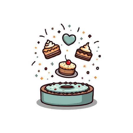 Charming cartoon illustration featuring a variety of cakes and a donut, perfect for dessert-themed designs and cheerful projects.のイラスト素材