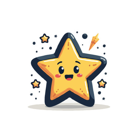 Adorable star cartoon character with a happy expression surrounded by smaller stars and sparkles. Vector illustration.のイラスト素材