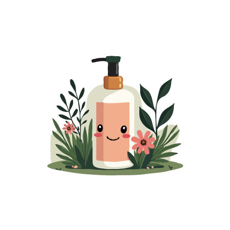 Adorable lotion bottle illustration with a smiling face, surrounded by green leaves and pink flowers, promoting natural skincare.のイラスト素材