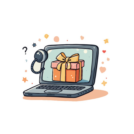 Illustration of a laptop with a gift box on the screen, representing online gift giving and e-commerce.のイラスト素材