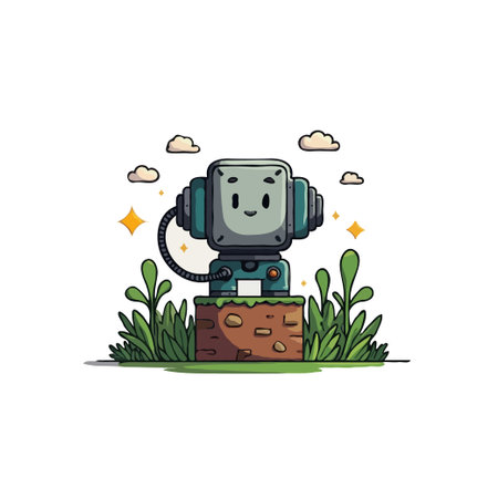 Adorable cartoon robot character standing on a brick platform surrounded by grass and clouds, vector illustration.のイラスト素材