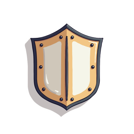 Cartoon style shield icon. Medieval shield with golden frame and shadow. Symbol of protection and safety.のイラスト素材