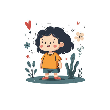 Cheerful cartoon illustration of a little girl surrounded by flowers and hearts, perfect for children's content.のイラスト素材