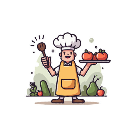 Illustration of a happy chef holding a tray with tomatoes and a wooden spoon. Cooking concept. Vector design.のイラスト素材