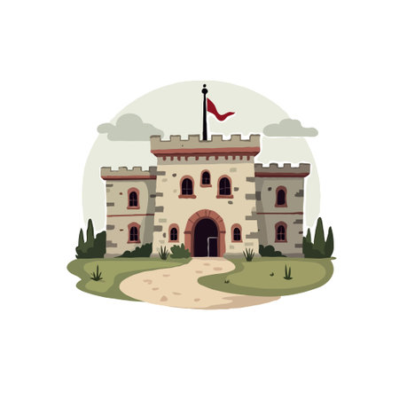 Whimsical cartoon illustration of a stone castle with a red flag, set against a neutral backdrop with clouds and greenery.のイラスト素材
