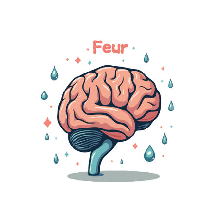 Conceptual illustration of a brain under fear, depicted with water droplets and a worried expression. Mental health concept.のイラスト素材