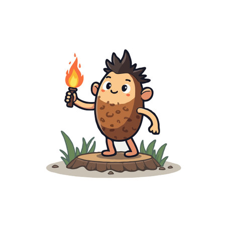 Adorable cartoon illustration of a caveman character holding a lit torch while standing on a tree stump.のイラスト素材