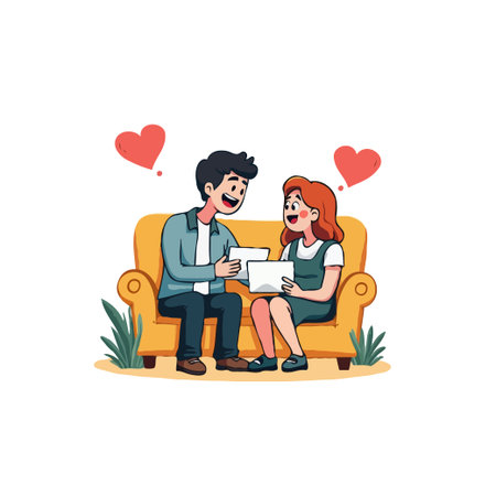 A happy couple sitting on a sofa, looking at documents with love. Vector illustration for romance and relationships.のイラスト素材