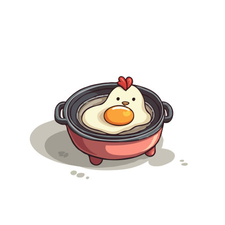 Adorable cartoon illustration of a chicken-shaped fried egg in a pink pan, perfect for food-related designs.のイラスト素材