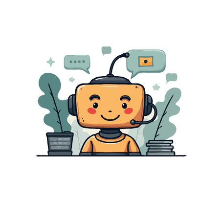 Illustration of a friendly robot assistant with headset, providing customer support and assistance, surrounded by plants.のイラスト素材