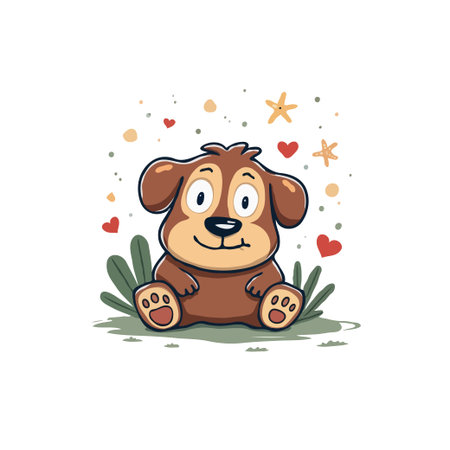 Adorable cartoon illustration of a puppy sitting in grass with hearts and stars. Perfect for children's designs.のイラスト素材