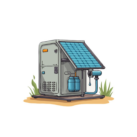 Illustration of a solar-powered water purification system, showcasing sustainable technology for clean water access.のイラスト素材