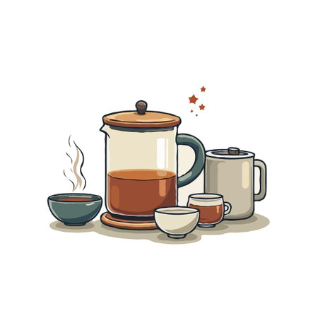 Illustration of a French press coffee maker with mugs and a bowl, perfect for a cozy coffee time concept.のイラスト素材