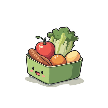 Adorable bento box illustration filled with fresh vegetables, fruit, and eggs. Perfect for healthy eating and school lunch concepts.のイラスト素材