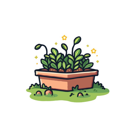 Charming illustration of a planter box filled with vibrant green seedlings, set on a patch of grass with sparkling accents.のイラスト素材