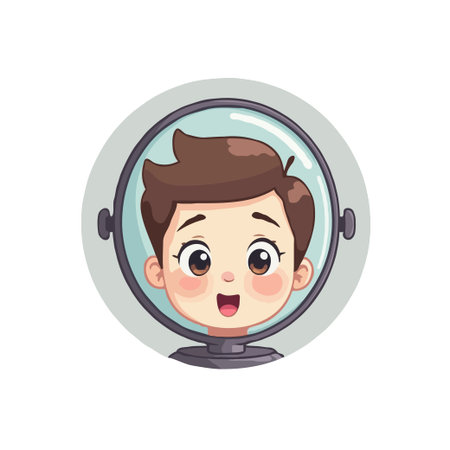 Adorable cartoon boy with brown hair wearing a space helmet. Great for children's illustrations and space-themed designs.のイラスト素材