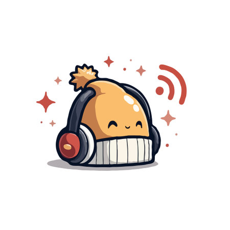 Adorable beanie character wearing headphones, enjoying music with a happy expression. Cartoon style illustration with playful elements.のイラスト素材