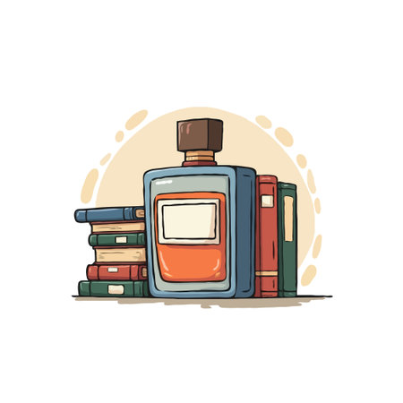 Illustration of a perfume bottle standing next to a stack of books, creating a unique and stylish design.のイラスト素材