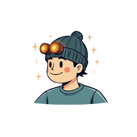 Cute cartoon illustration of a boy wearing a beanie and headlamp, smiling with rosy cheeks and sparkling background.のイラスト素材