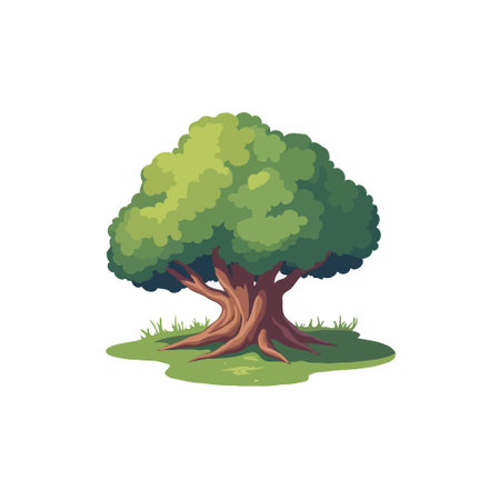 Illustration of a cartoon tree with lush green foliage, visible roots, and a grassy base, isolated on white.のイラスト素材
