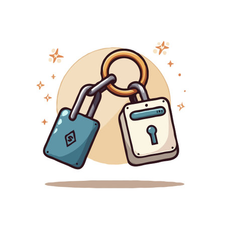 Cartoon illustration of two linked locks, symbolizing security, connection, and digital safety in a cute style.のイラスト素材