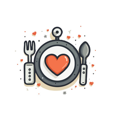 Illustration of a dinner plate with a heart symbol, fork, and spoon, conveying love and romance for Valentine's Day.のイラスト素材
