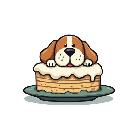Adorable cartoon illustration of a dog popping out of a cake, perfect for birthdays or pet-themed designs.のイラスト素材