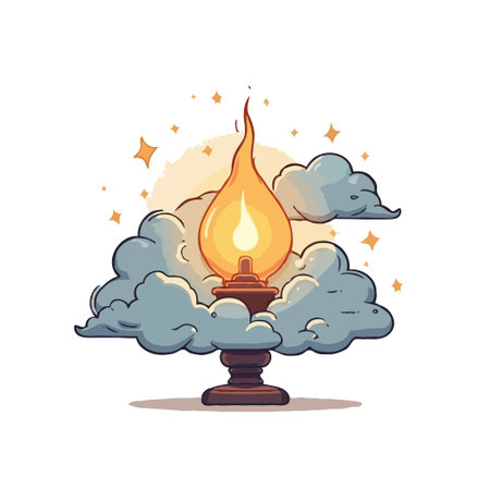 Pixel art style illustration of an oil lamp with a bright flame, surrounded by clouds and stars on white.のイラスト素材