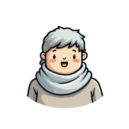 Adorable cartoon illustration of a smiling character with a cozy scarf and stylish gray hair, perfect for various creative projects.のイラスト素材