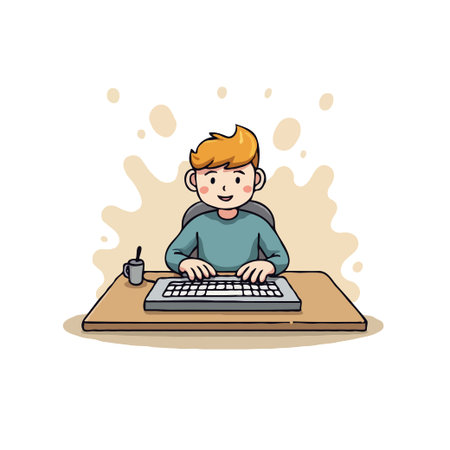 Cartoon illustration of a young man sitting at a desk and typing on a computer keyboard with coffee cup.のイラスト素材