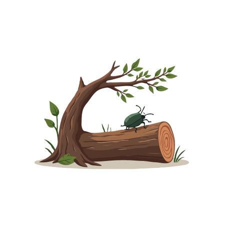 Pixel art illustration of a beetle on a log with leaves. Isolated on white background.のイラスト素材