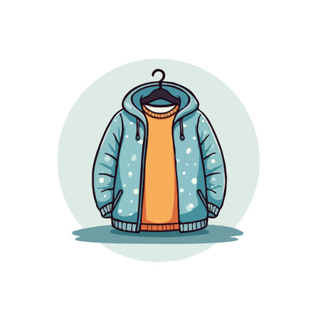 Illustration of a warm winter jacket hanging on a hanger, perfect for clothing store or winter season promotions.のイラスト素材