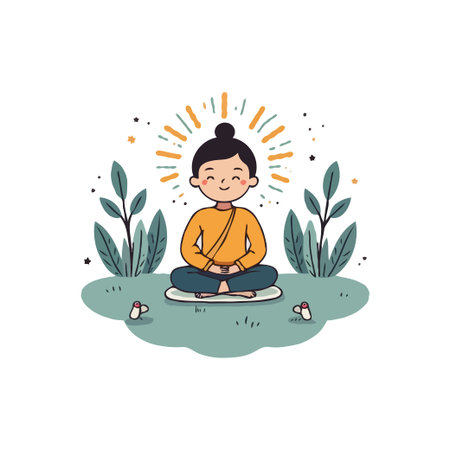 Cute cartoon character meditating in lotus position outdoors. Peaceful and mindful illustration for wellness concepts.のイラスト素材