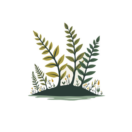 Illustration of fern fronds and small plants on a mound. Green foliage design element for nature-themed projects.のイラスト素材