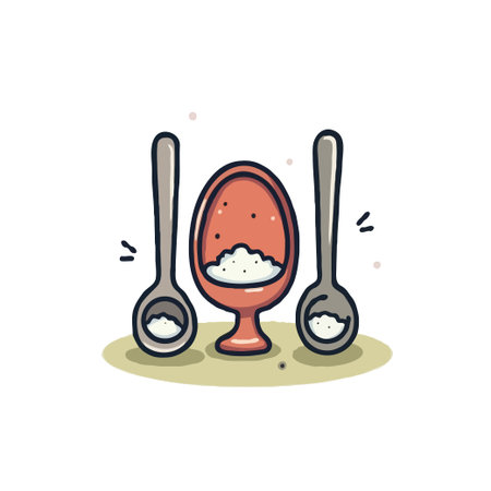 Cute illustration of a sugar bowl with two spoons filled with sugar. Hand drawn style, isolated on white.のイラスト素材