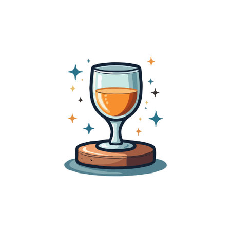 Stylish vector illustration of a cocktail glass filled with a vibrant orange drink, set on a wooden base.のイラスト素材