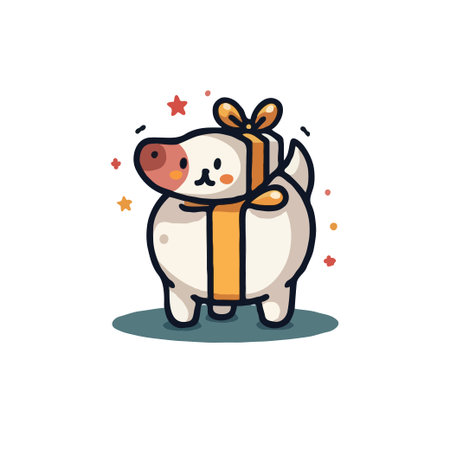 Adorable cartoon dog wrapped as a gift with a ribbon. Perfect for greeting cards, invitations, and holiday designs.のイラスト素材