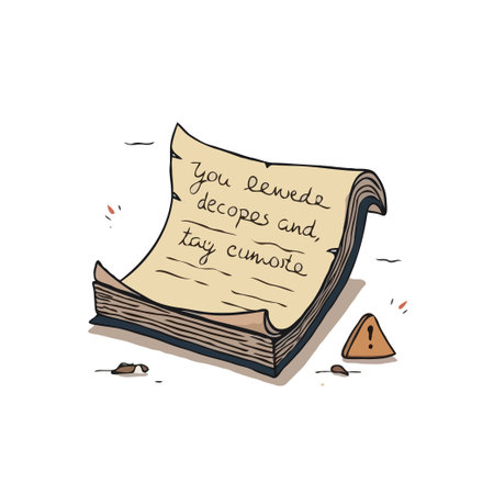 Illustrated scroll with indecipherable text and a warning sign, suggesting mystery, danger, or ancient secrets.のイラスト素材