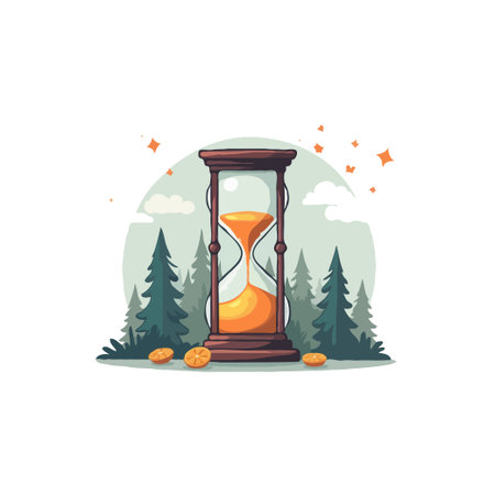 Stylized illustration of an hourglass in a forest setting, symbolizing time, nature, and fleeting...